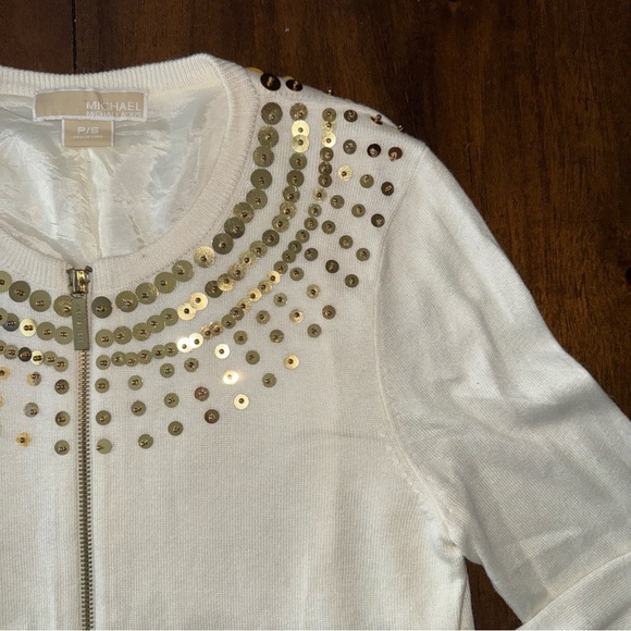 Michael Kors Cardigan Sweater Gold Sequin Cream Cotton Lined Zip Front S / P - Picture 4 of 11